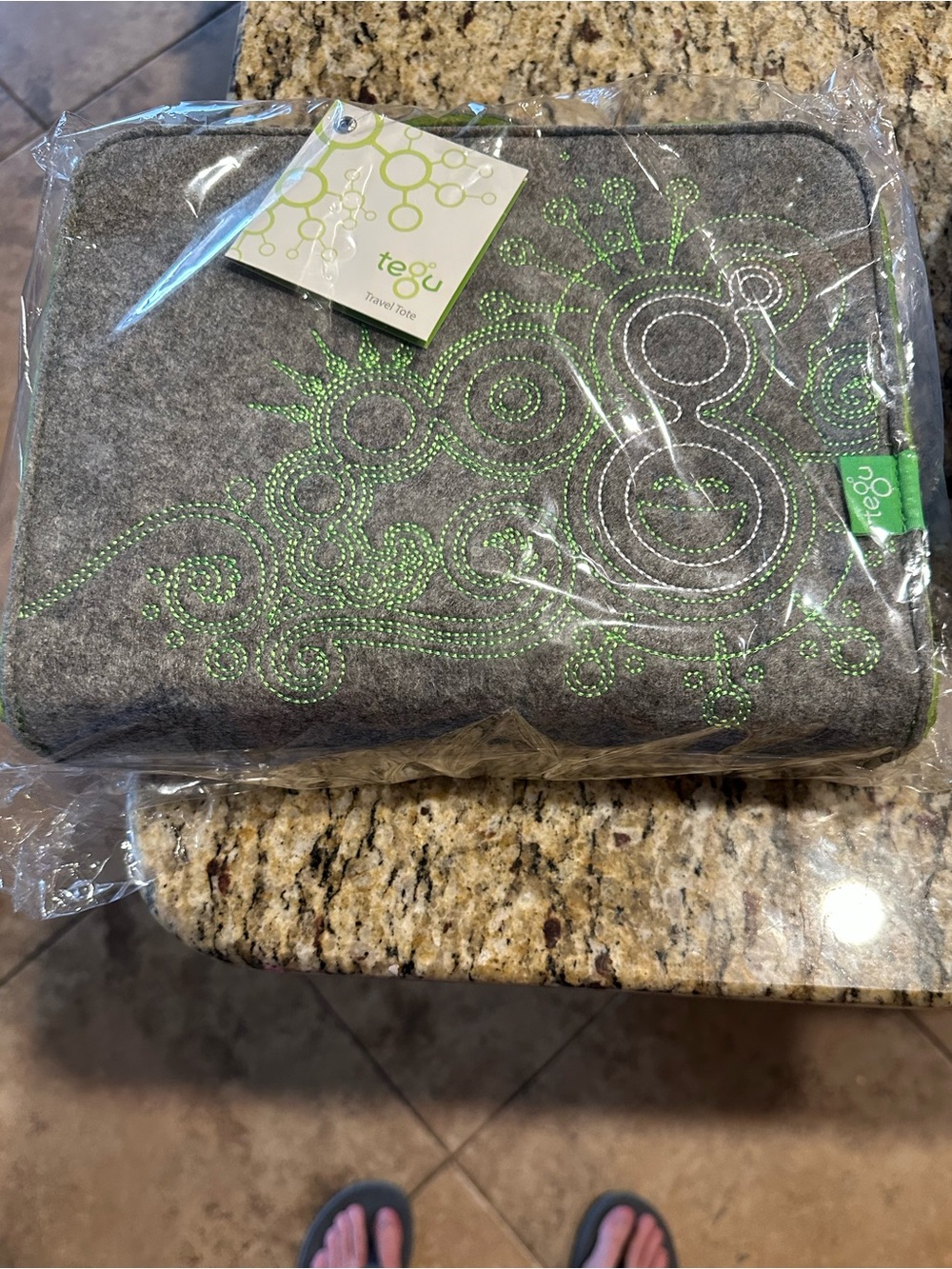 Brand new Tegu Gray Felt Travel Tote with Lime Green Embroidery